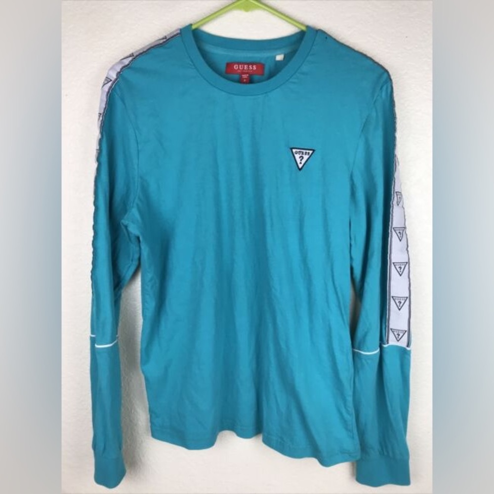 Vintage GUESS Long Sleeve T-shirt Teal Green Triangle Logo Stripe Unisex Tee Top